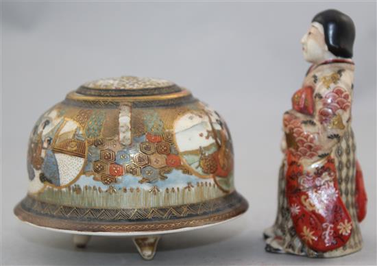 A Japanese Satsuma pottery figure and a similar tripod koro and cover, Meiji period, 10.5cm. diam.